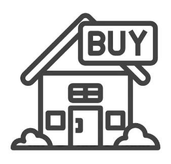 Line icon of a house with a "BUY" tag, representing a professional home buying service. Line icon of a house with a "BUY" tag, representing a professional home buying service.