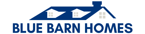 Blue Barn Homes text logo with a blue house icon on a white background.