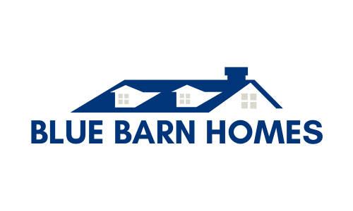 Text-based logo for Blue Barn Homes featuring a blue roof icon.